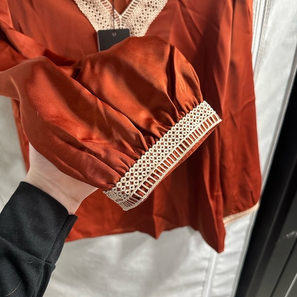 Women’s Solid Lace Long Sleeve Loose V Neck Smocked‎ Puff Blouse Size Large - Picture 3 of 7